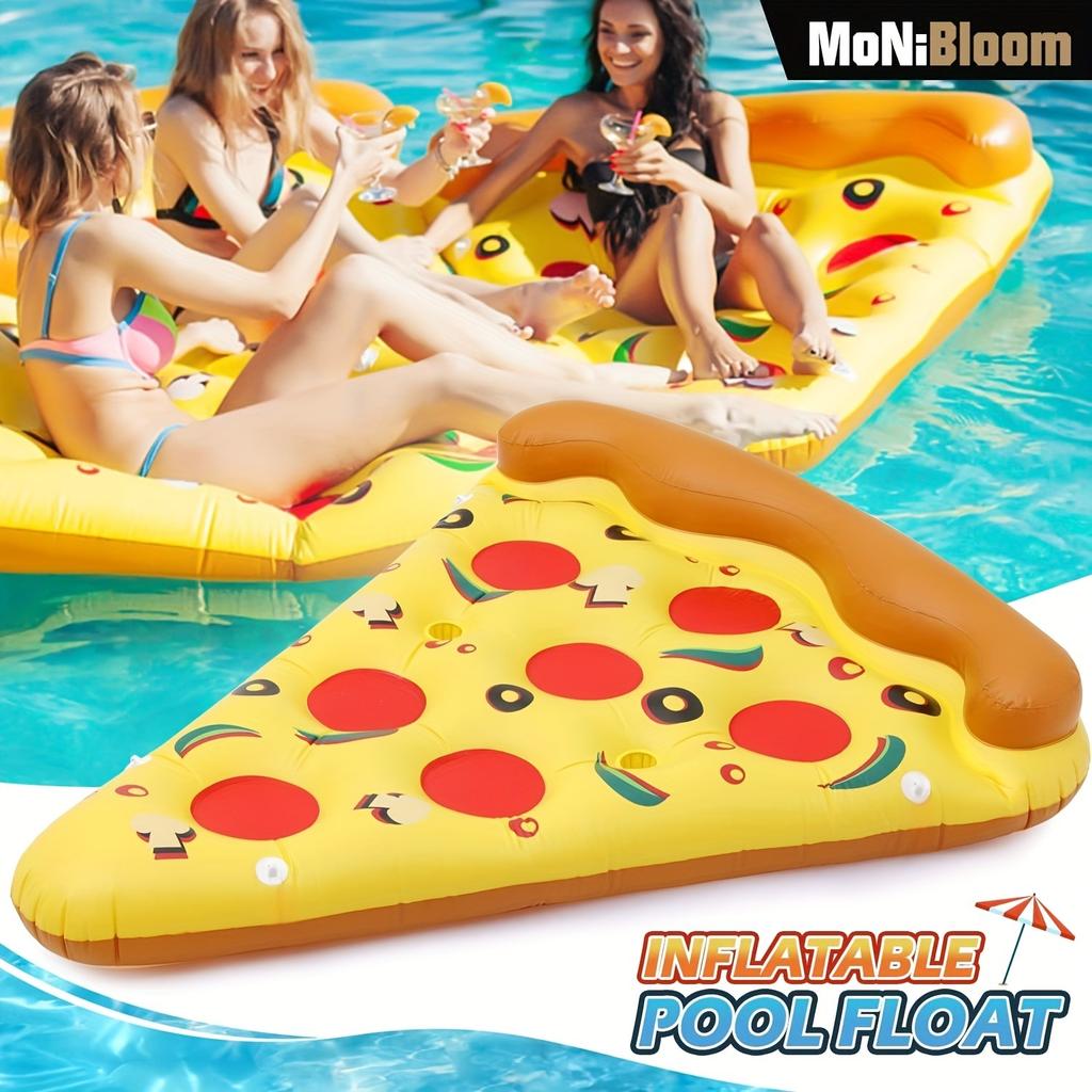 71 Zoll große aufblasbare Pizza-Poolmatratze für Erwachsene – Riesiges Pizzastück-Design, mit Getränkehalter und Schnellaufblasfunktion, robustes PVC