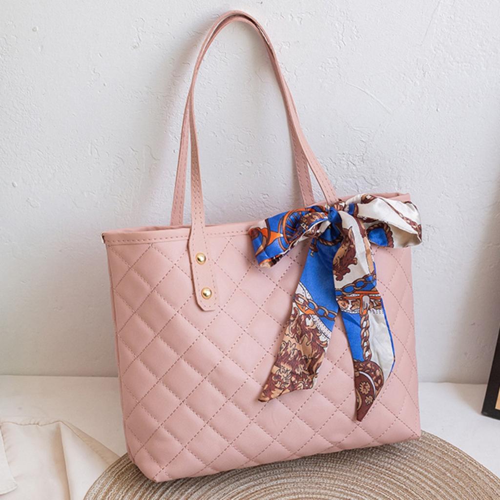 Fashionable Large Capacity Quilted Handbag with Scarf Embellishment - Soft Imitation Leather, Magnetic Buckle Closure, Suitable for Work and Leisure