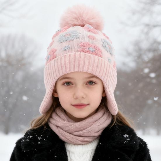 Kinder Wollmütze mit Fellbommel Kleine Blumendekorationen Ohrenschutz Verdicktes Plüschfutter Strickmütze