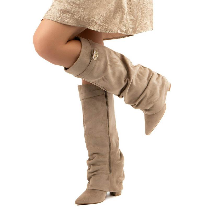 Winter Hochwertige Damen Kniehohe Stiefel Spitze Grober Absatz Einfarbige Falten Damen Lange Stiefel Stilvolle Damen Schuhe