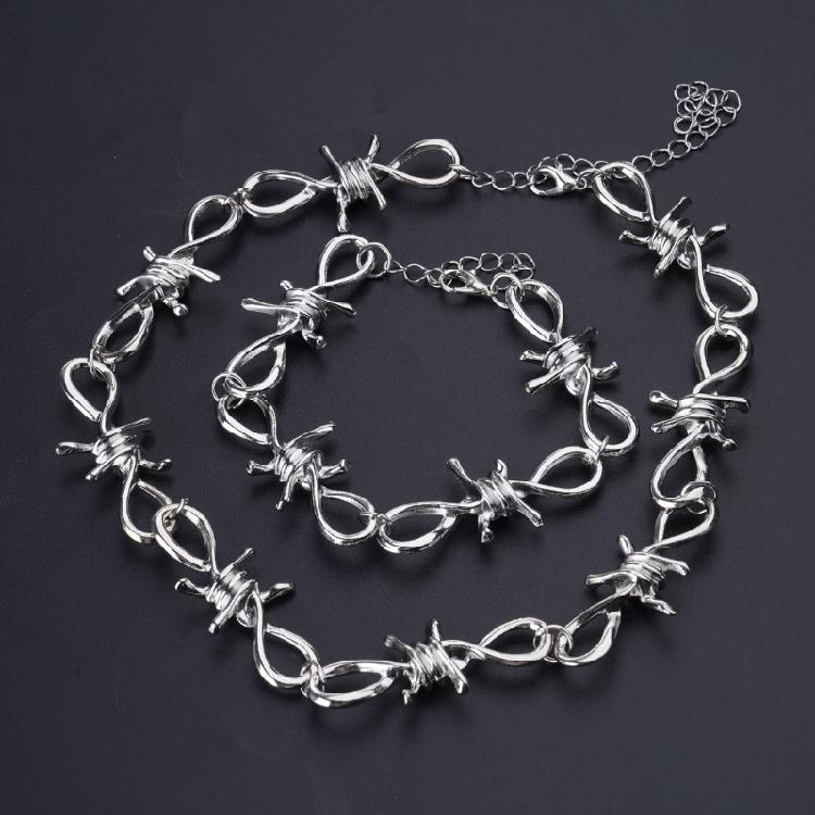 Punk Jewelry Set Barbed Wire Brambles Necklace Bracelet for Motorcyclists Bikers