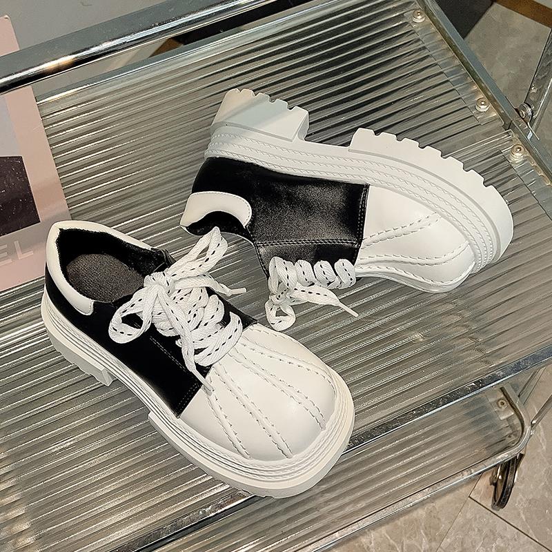 Fashion Color Block Block Heel Shoes Autumn New Round Toe Front Strappy Platform Non-slip Wear-resistant Single Shoes