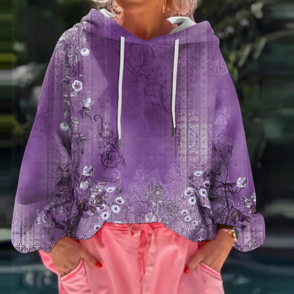 Women's Floral Print Loose Casual Long Sleeved Hooded Sweatshirt