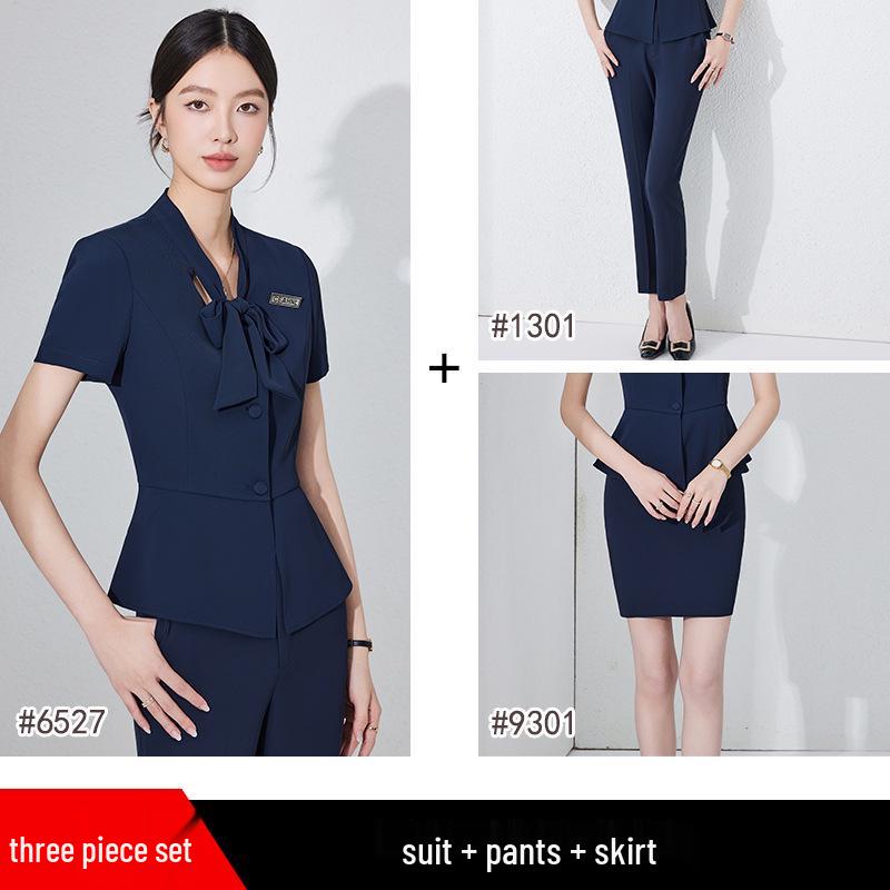 Women's Thin Dark Blue Short-Sleeve Suit Set - Summer Hotel Front Desk, Lobby Manager, Jewelry Store Uniform