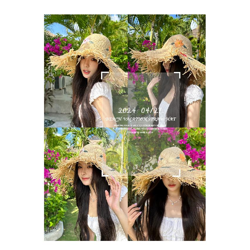 Hollowed-out Raffia Straw Hat for Women, New Seaside Beach Hat, Summer Large Brim Woven Sunshade Hat