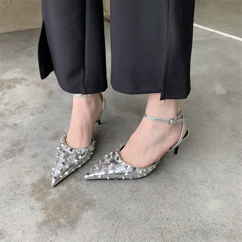 Mode Nieten Strass Stilettoabsätze Feenstil Bratze Zehensandale Knöchelriemen Einzelner Schuh Spitze Mode Halbslipper