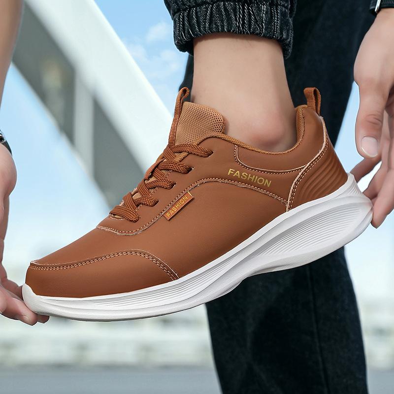 Sneakers shoes black large size leather casual shoes lightweight soft-soled shoes thick-soled non-slip and wear-resistant running shoes