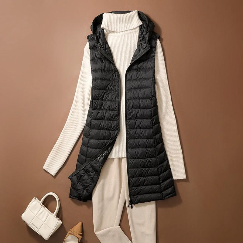 Women's Autumn/Winter Lightweight Hooded Down Vest Mid-Length Slim Sleeveless Sports Jacket