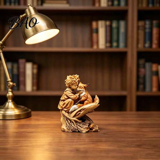 Retro Style Home Decor Fairy Tale Little Boy and Fox Wooden Figurine, Rustic Desktop Statue, Artistic Carved Handcrafted Statues Sculpture Ornament
