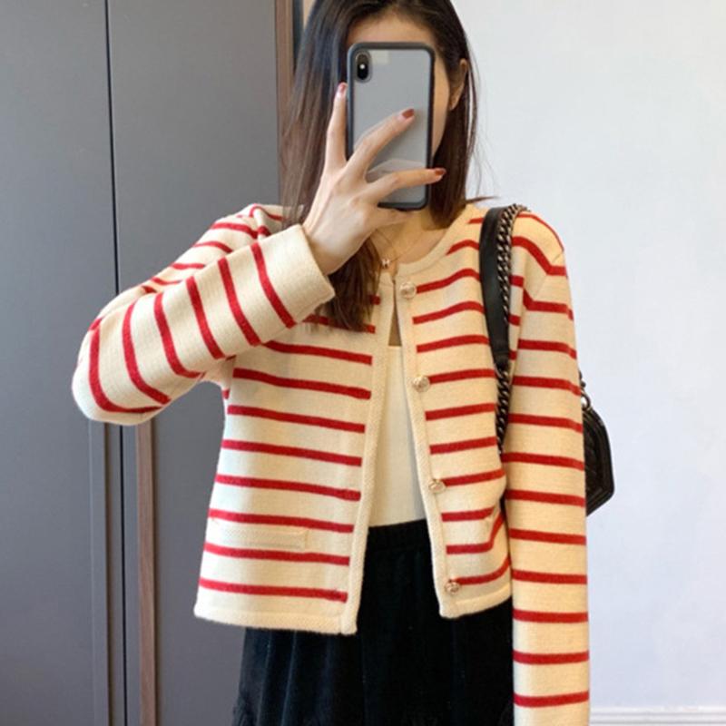 Korean Fashion Sweater Cardigan White Black Striped Knitted Sweater Women Short Cardigan Long Sleeve Cardigan Female
