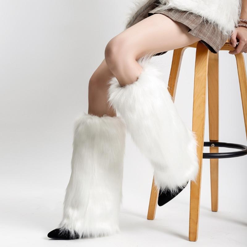 Fuzzy Faux Furs Leg Warmers Furs Heels Long Boots Cuffs Cover Has Elastic One Pair Carnivals Boot Cover Y2K JK Uniform
