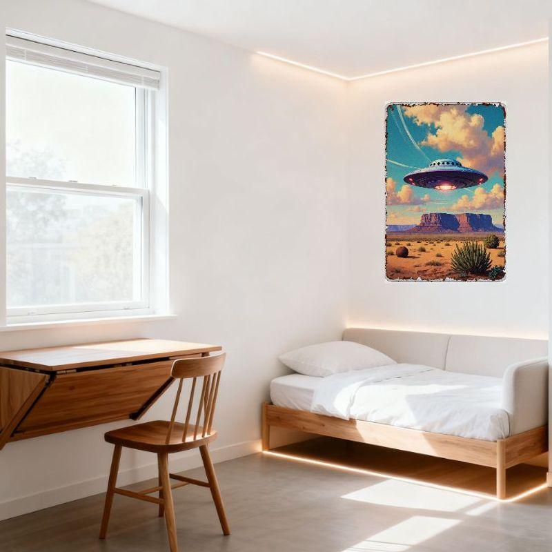 Vintage 1950s Sci-Fi Desert UFO Metal Tin Sign, Retro Flying Saucer Cactus Rock Formation Wall Plaque for Home Bar Man Cave Deco