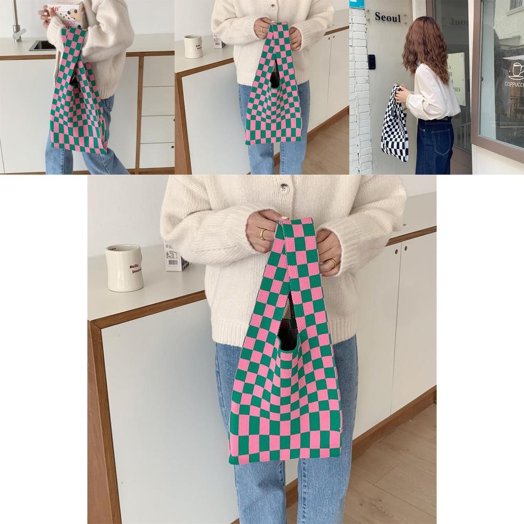 Stylish And Versatile Knitted Checkered Tote Bag With Large Capacity For Daily Use