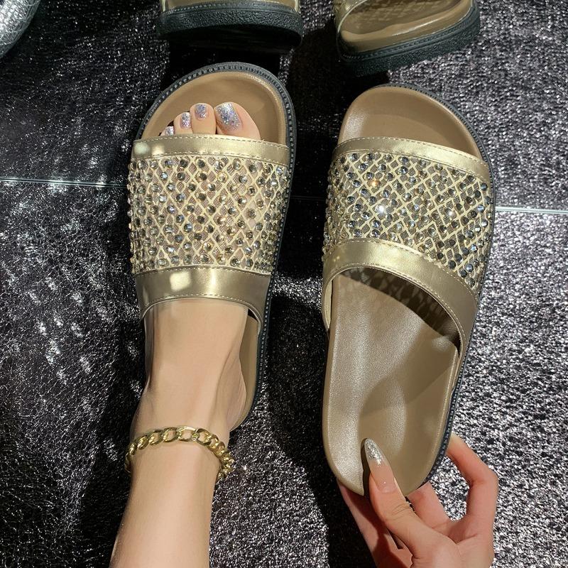 Women’s Rhinestone Slip-On Platform Birkenstyle Sandals, Handmade, Thick Sole, Beach and Casual Wear
