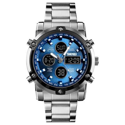 Men's Digital Analog Chronograph Watch Blue Silver 30M Waterproof Round Face SS Band