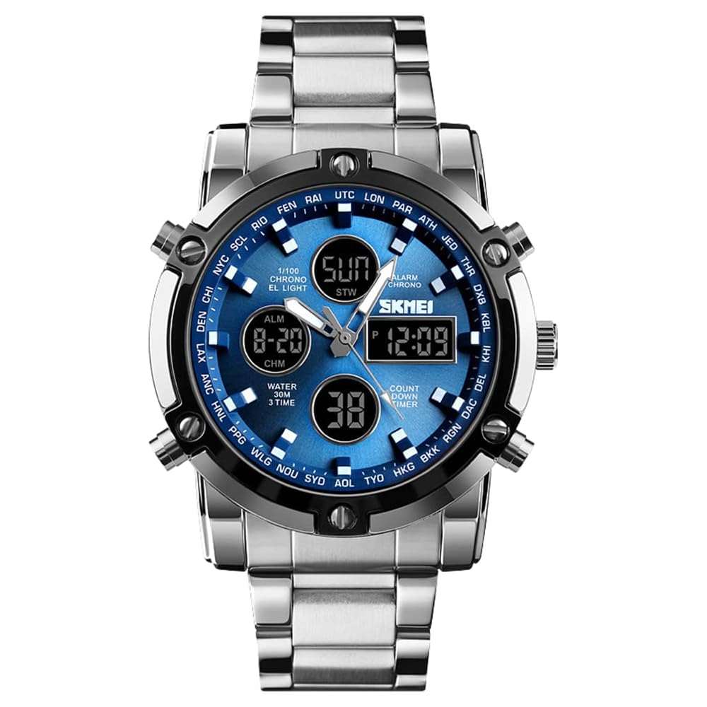 Men s Digital Analog Chronograph Watch Blue Silver 30M Waterproof Round Face SS Band