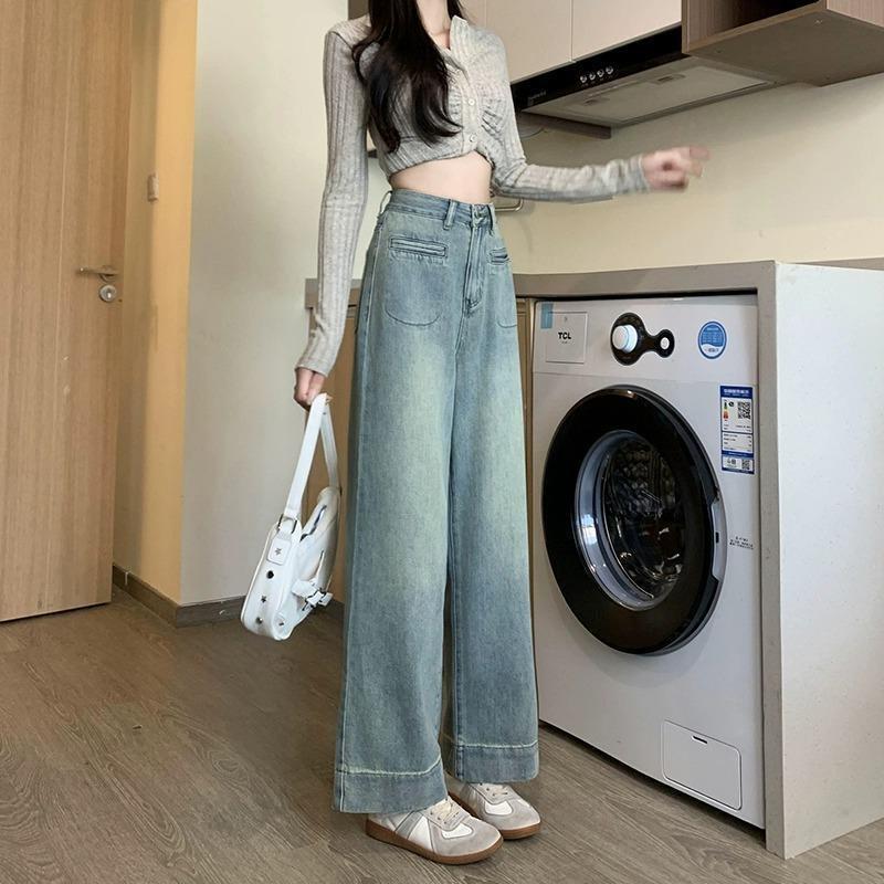 Damen Frühling/Sommer Retro Blaue High-Waist Straight-Leg Jeans - Schlankmachend, Lockere Passform, Fleecegefüttert für Kurvige Figuren
