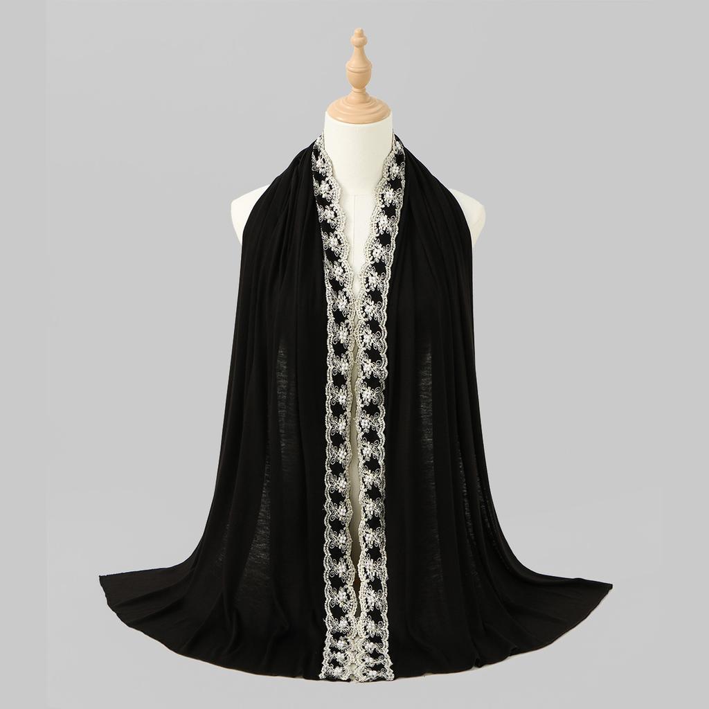 Pearls Embroidery Cotton Jersey Muslim Hijab Long Scarf Women Head Wraps Shawl Turban Eid Soild Headband Malaysia Tudung 170*60C