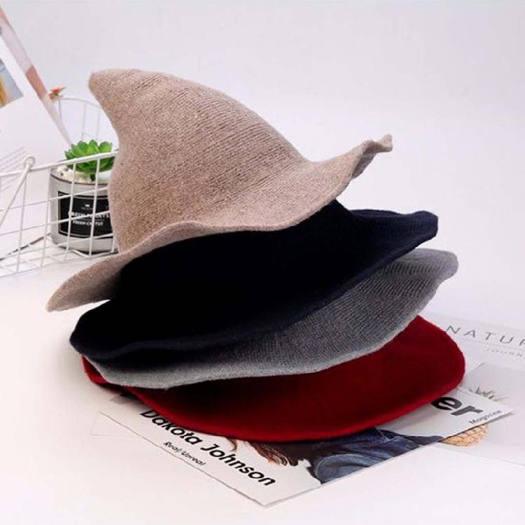 Women Witch Hat Wizard Hat Halloween Witch Pointed Hat Knitted Wool Cap Adult