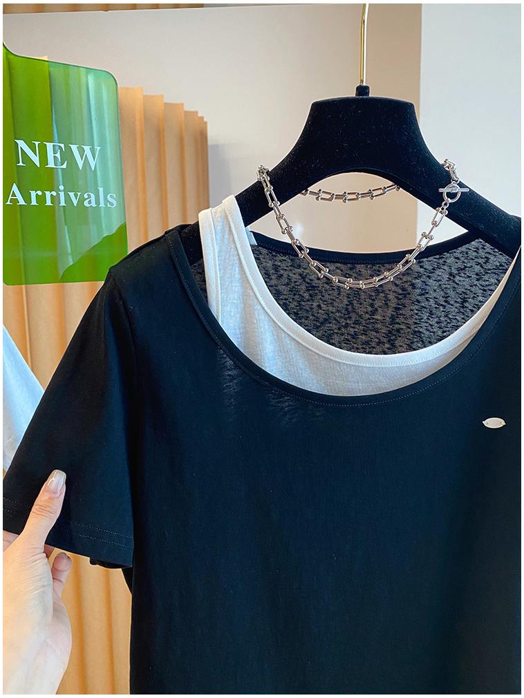 Plus Size Korean Snowflake Cotton Two-Piece Look T-Shirt, Women's Short Sleeve, Loose Casual Top (2026)