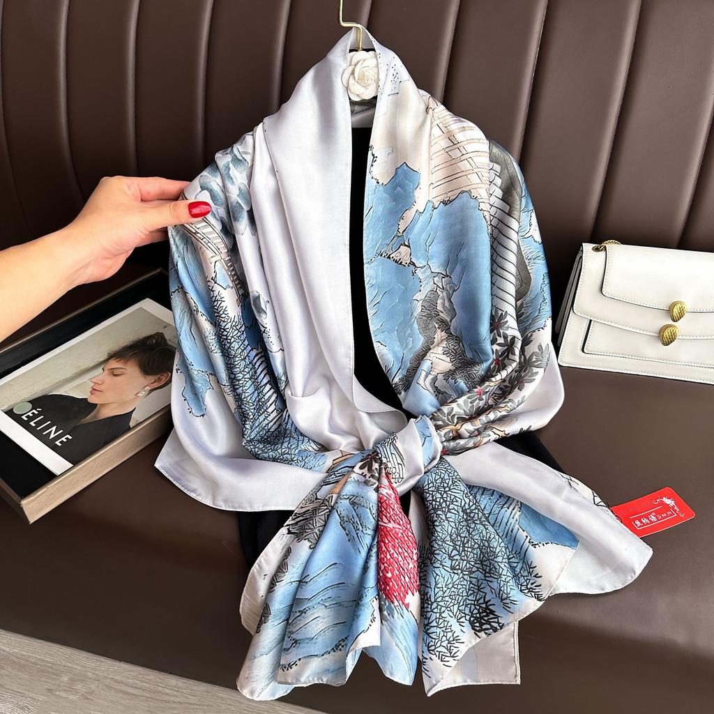 Long Silk Scarf Spring and Summer Thin Style Printed Scarf Beautiful Brocade Lotus Shawl Imitation Silk Scarf Gauze Scarf