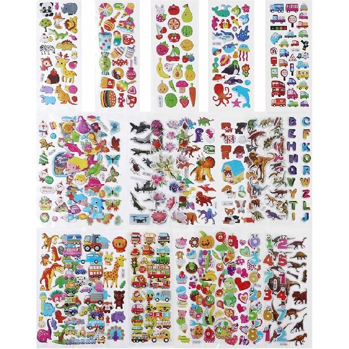 24 Sheets 3D Puffy Stickers for Kids Toddlers Bulk, Small Children Party Bag Sticker Variety Pack for Preschool Teacher, Boy Girl Rewards Crafts 24 Sheets, Variety Pack