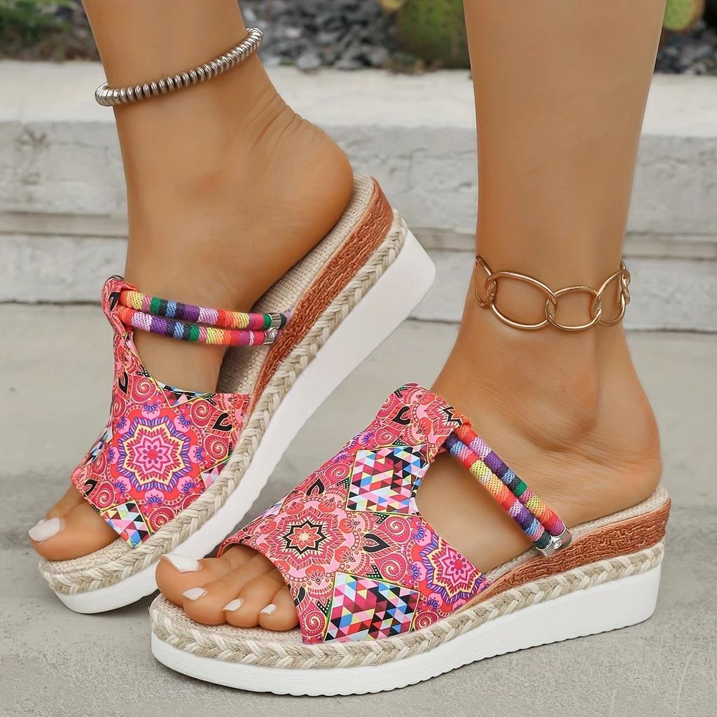 Fashion Summer New Colorful Printed Wedge Heel Slippers for Women, Fashionable Fish-mouth High-heeled Beach Slippers in Bohemia