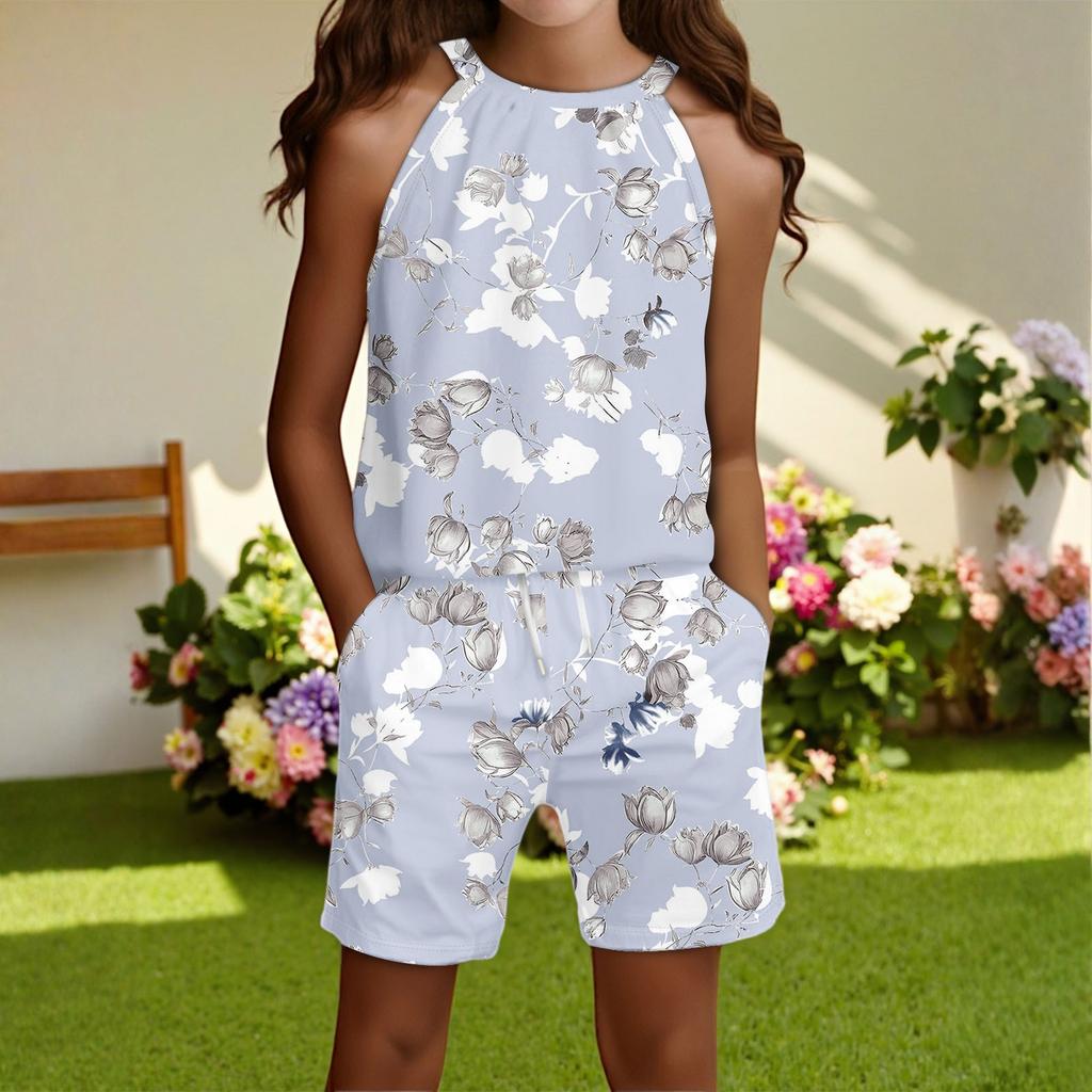 Children's Casual Fashion Round Neck Sleeveless  Top Shorts Set