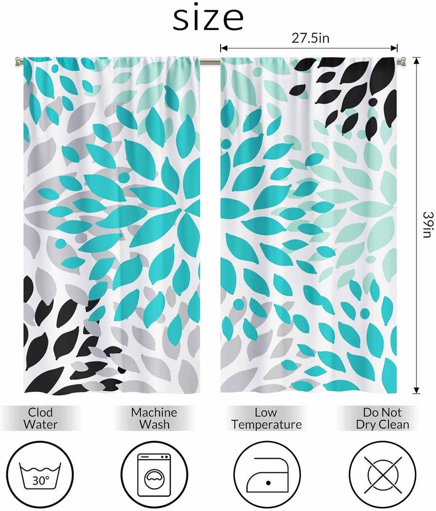 Flower Pattern Kitchen Curtains Abstract Floral Green Grey Black Petals Art Design Short Tier Curtains for Bathroom Cafe Small W
