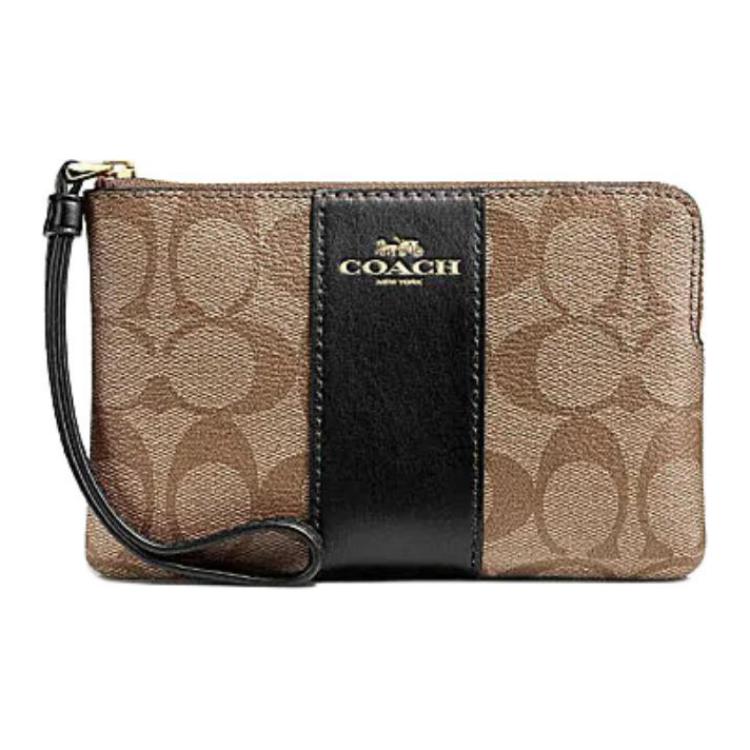 

Coach Brown Signature Canvas Wristlet Zip Pouch with Leather Trim for Daily Use Basic Set (Bag+Dust Bag)