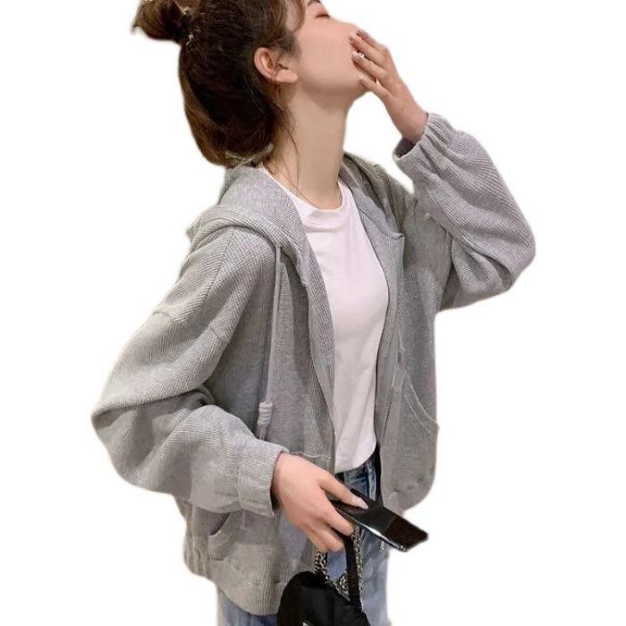Women s Trendy Waffle Hooded Jacket, Spring/Autumn 2025, Loose Casual Short Style M хизер серый