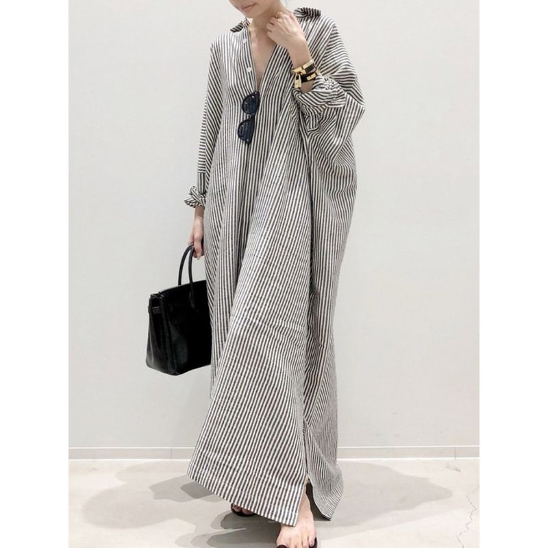 and South Korea Spring & Fall New Arrival Polo Collar Stripes Loose Hong Kong Style Loose and Idle Casual Long Sleeves Single-Breasted Shirt Dress