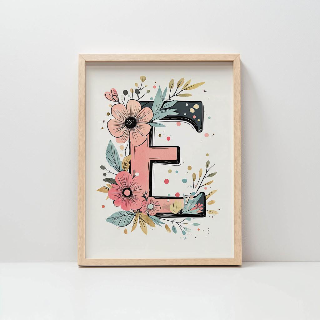 Plakat Kwiatowa Litera E Plakat Kwiatowa Litera E, 70X100 Cm, Rama Drewniana Jasny Dąb, Papier Matowy 230 Gsm