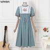 VONDA Vintage Women Stand Neck Short Sleeve Embroidery Patchwork Long Dress