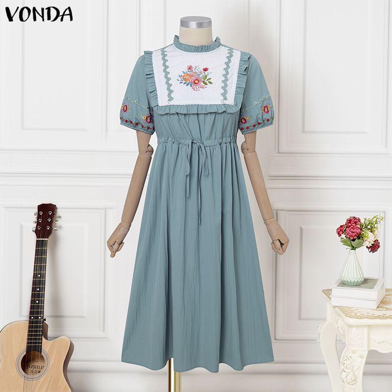 VONDA Vintage Women Stand Neck Short Sleeve Embroidery Patchwork Long Dress