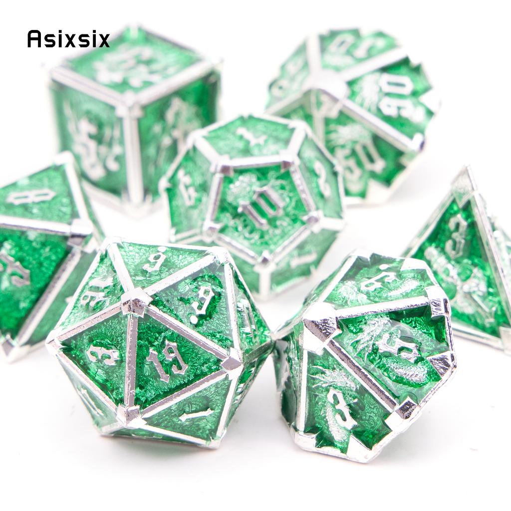 7 Pcs Green White Skull Metal Dice Solid Metal Polyhedral Dice Set Suitable for Role-Playing RPG Board Game Card Game
