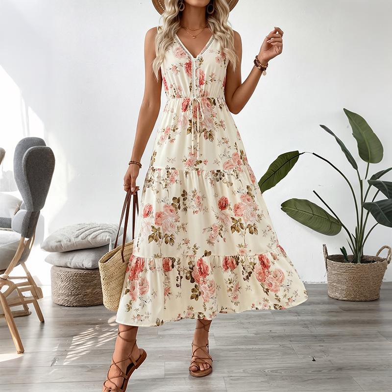 Independent station long dress summer new European and American women's clothing printed sleeveless dress