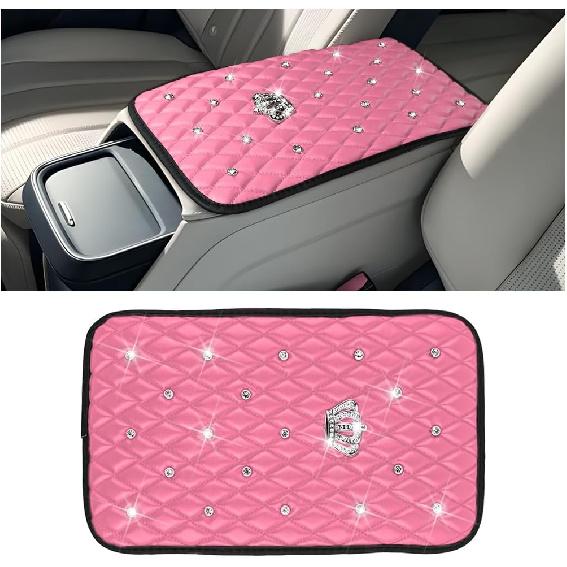 Mandark Bling Car Center Console Cover, Rhinestones Crown Vehicle Armrest Seat Box Mat Pad, Diamond Automotive Interior Arm Rest Cushion Protector
