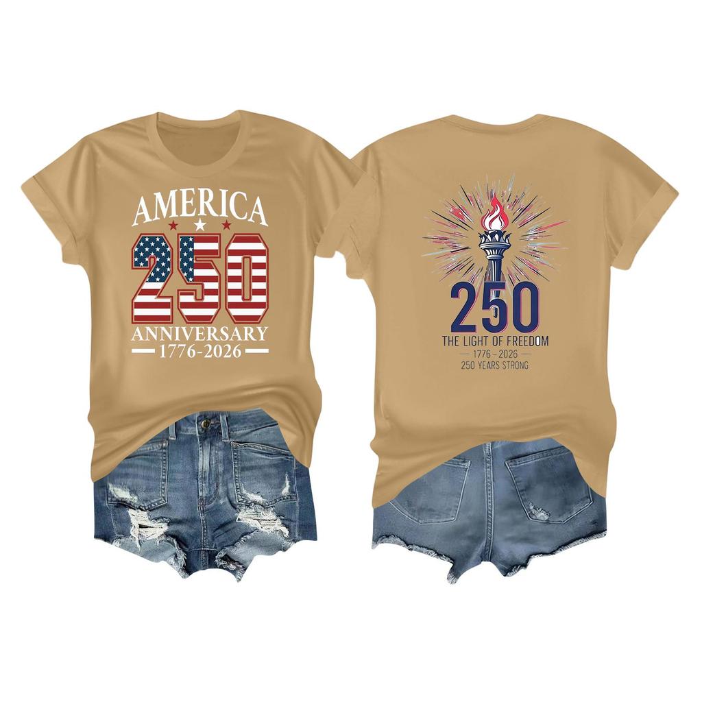 Women's Casual Independence Day 250 Anniversary Printed T-shirt Round Neck Pullover Short Sleeve Top