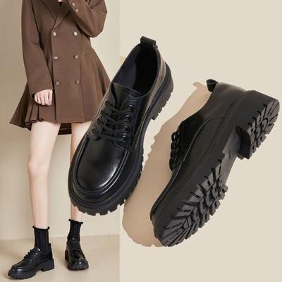 Platform Small Leather Shoes Women's Genuine Leather College Versatile Lace-up Uniform Single Shoes Thick Heel Patent Leather Shoes