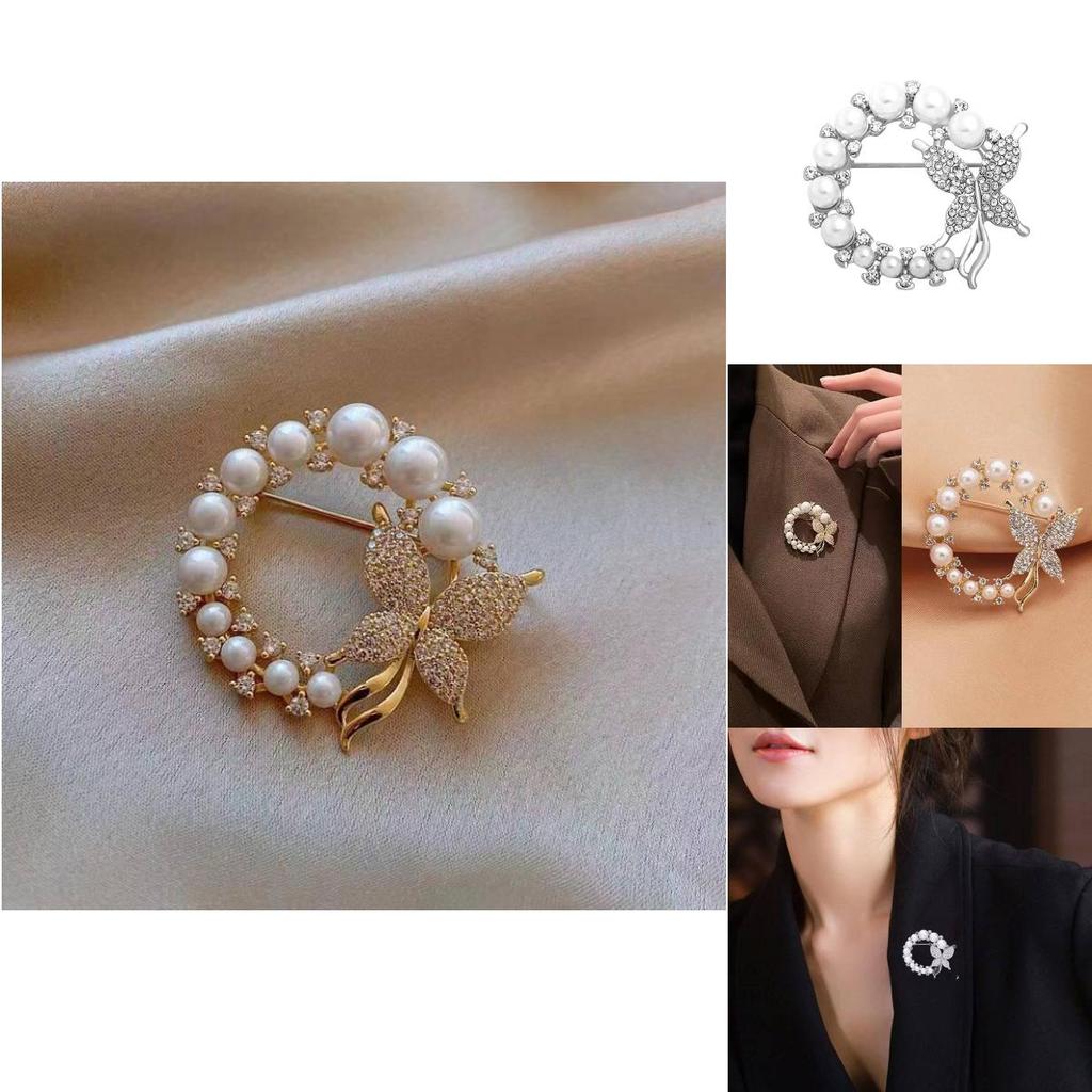 Stylish And Elegant Silver And Gold Butterfly Brooch With Rhinestones And Pearls For Women