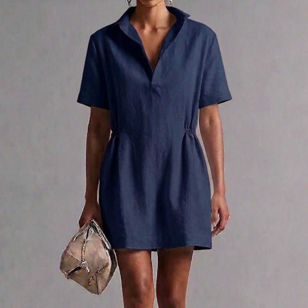 Damen Kurzarm Hemdkleid mit Kragen und Raffung in der Taille Baumwolle Leinen Minilänge Lässig für den Alltag