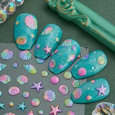 Wiederverwendbare 5D-geprägte Muschel- und Seestern-Nagelaufkleber – hypoallergene, glänzende Marine-Aufkleber für einfaches Heimwerken