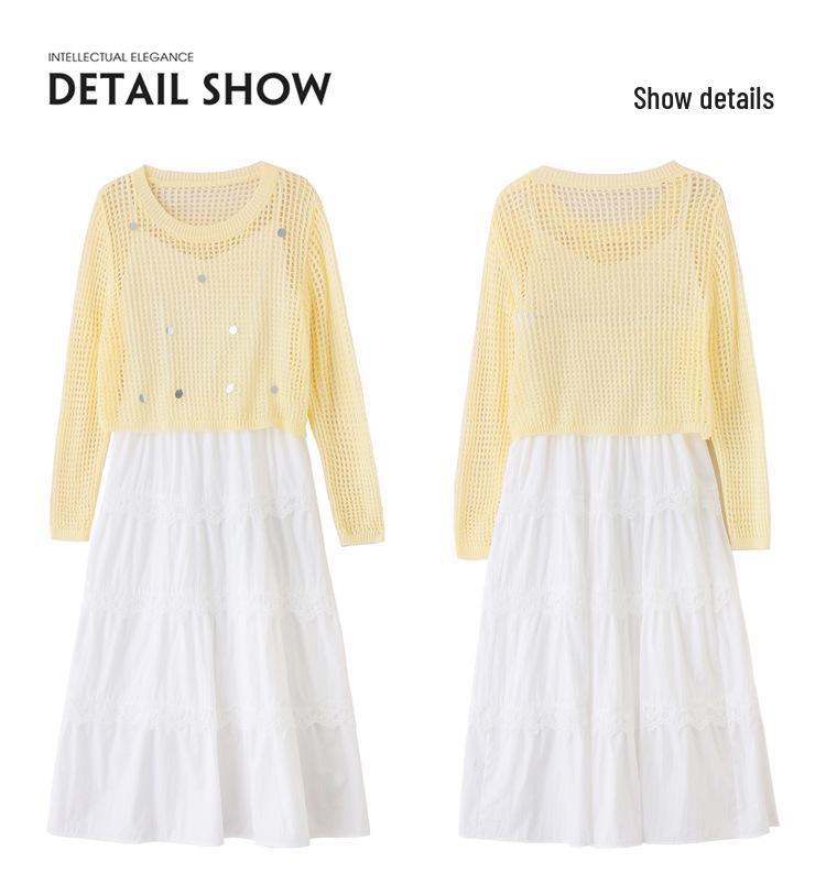 2025 Summer Women's White Sunscreen Spaghetti Strap Two-Piece Dress Set - Petite Slimming Fit (YF2563)