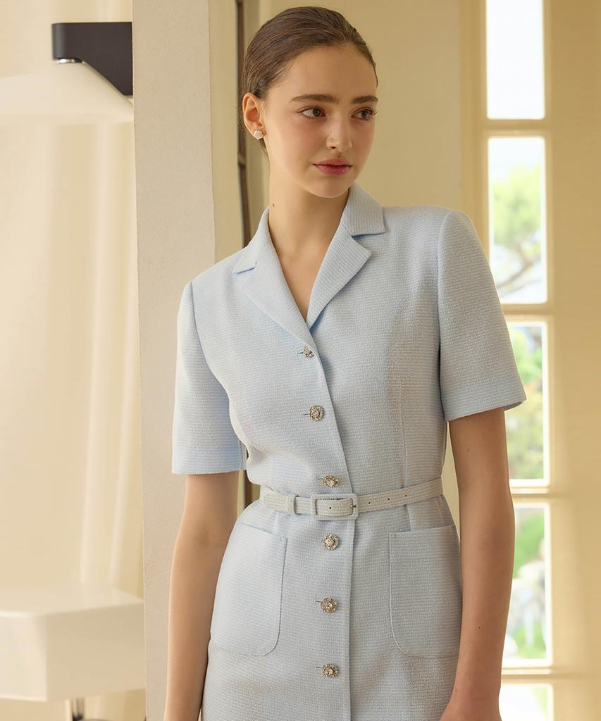 JULIY&CALLA 25Hs Collar 120 Terroir Line Queen Long Tweed Dress Sky Blue