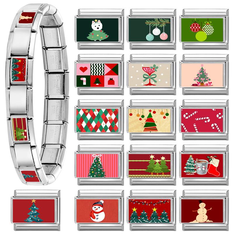 Cute Snowman Dog Santa Claus Snowflake Christmas Tree Italian Charm Links Fit 9MM Stainless Steel Bracelet Women Men DIY Making
