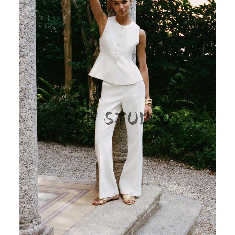 Waist-Tight Short Skirt Hem round Neck Sleeveless Vest 8456735 High Waist Straight-leg Casual Pants 8457735