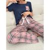 Damen Lässiges Kariertes Taschen-Kurzarm-Langhosen-Pyjama-Set Loungewear