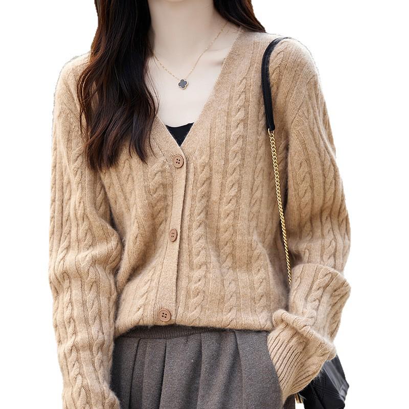 2026 Spring/Autumn Women's V-neck Wool Cardigan Sweater: Slimming, Loose-Fit, Lazy Style Knit Outerwear.
