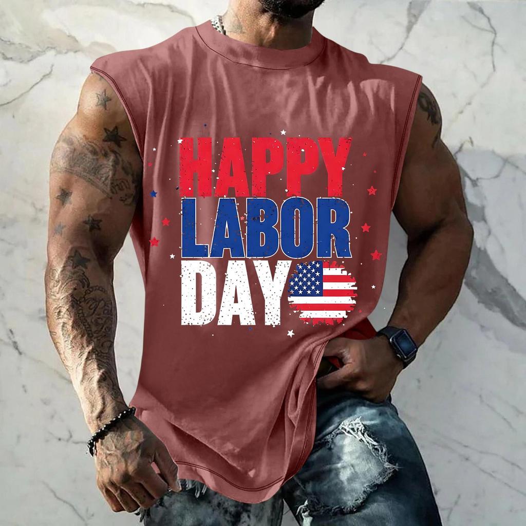 Men's Sleeveless Muscle Tank Top Casual Loose Fit Athletic Workout Shirt with Labor Day Graphic Print for Summer Outdoor Activities
